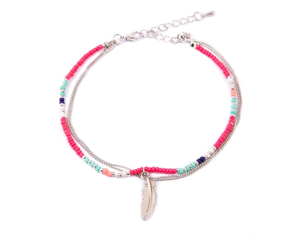 Anklet  - Double Strand Pink Feather Charm