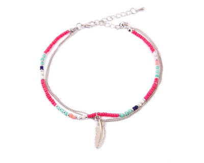 Anklet  - Double Strand Pink Feather Charm - boom-ibiza
