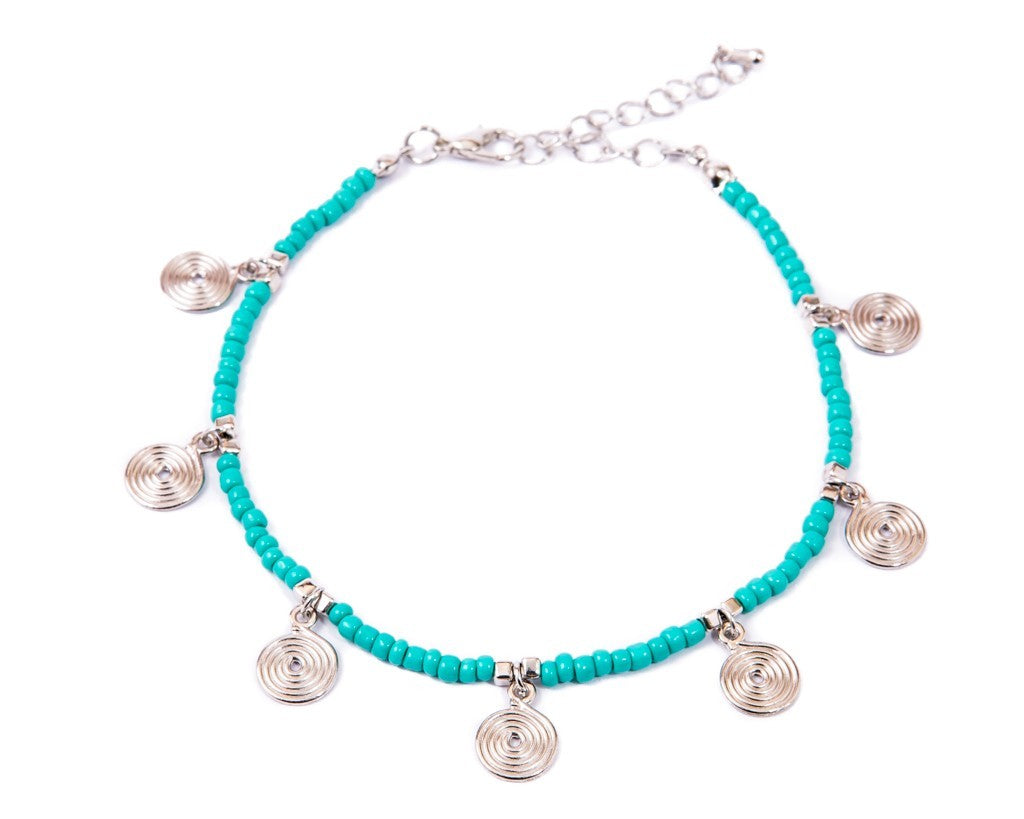Anklet  - Turquoise Beads Spiral Charms - boom-ibiza
