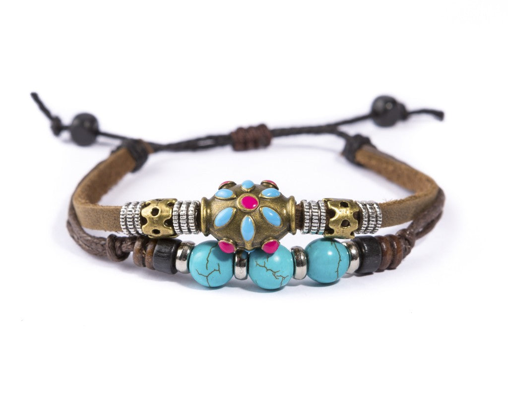 leather bracelet - Ibiza Boho flower charm