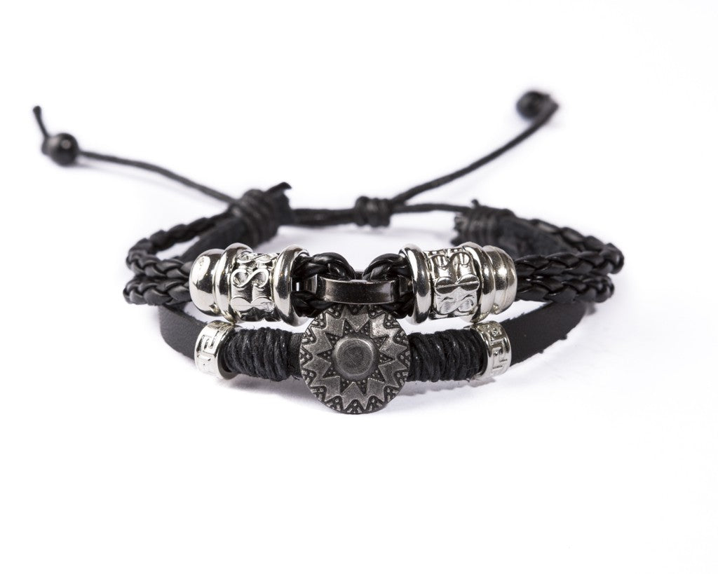 Leather Multistrand Bracelet - Black Flower B - boom-ibiza