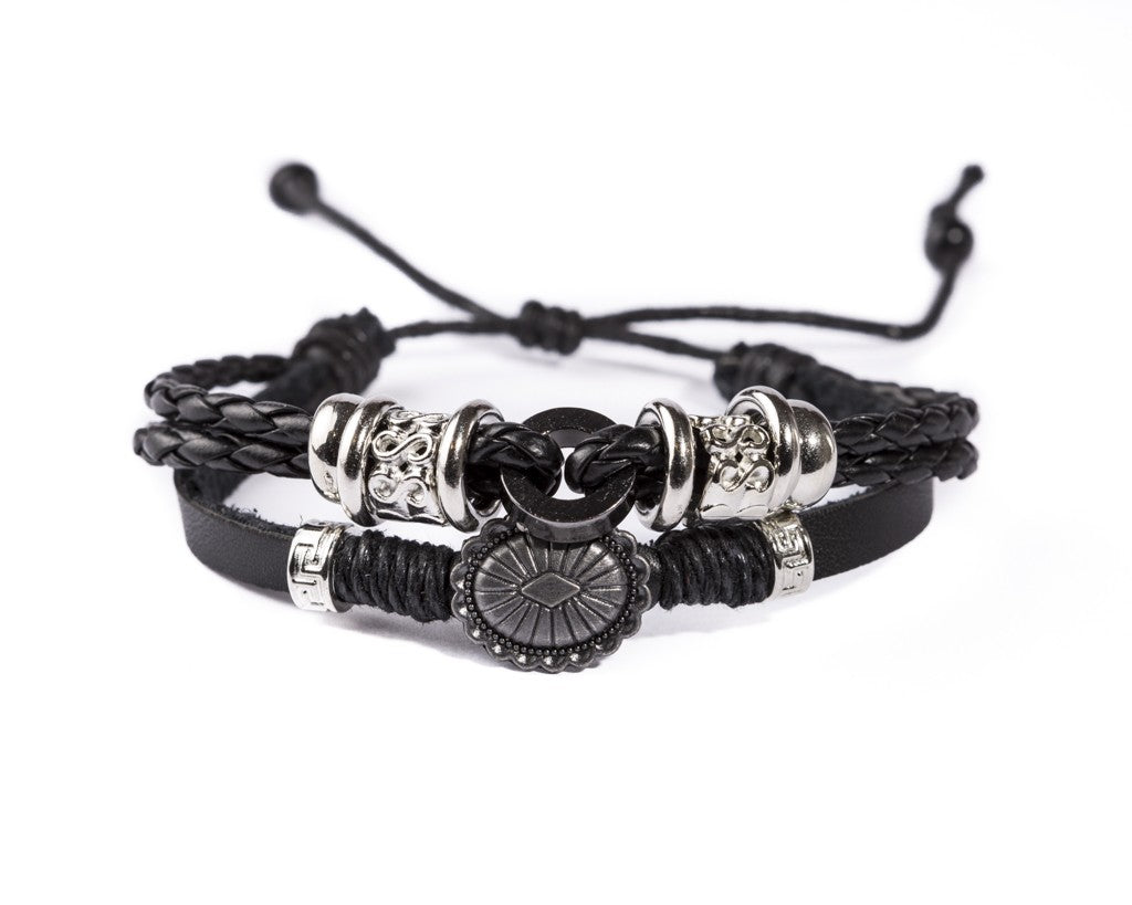 Leather Multistrand Bracelet - Black Flower A - boom-ibiza