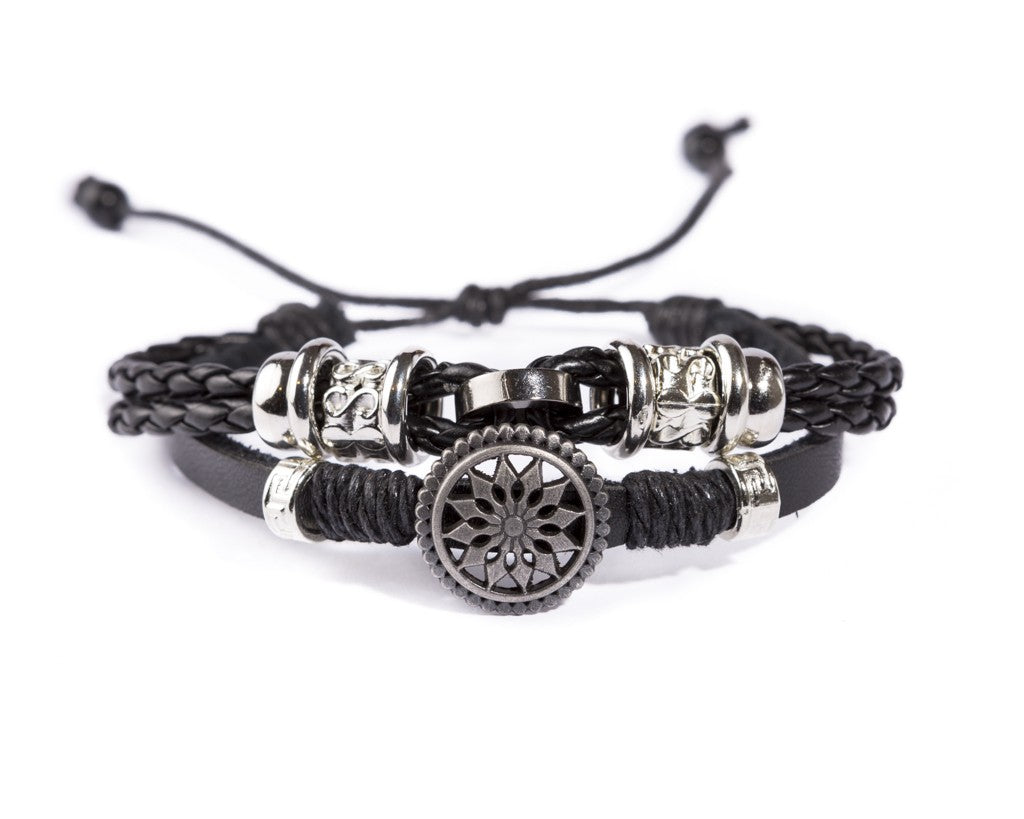 Leather Multistrand Bracelet - Black Flower C - boom-ibiza